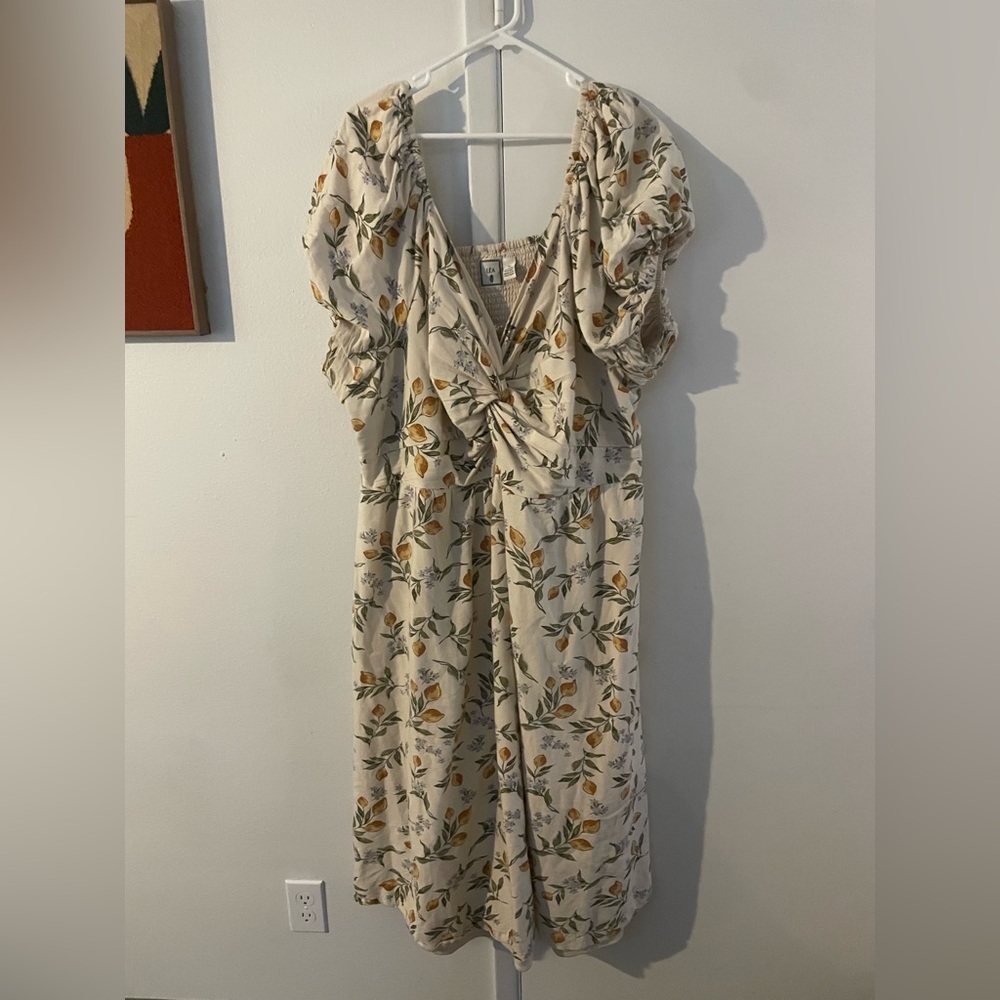 Floral Print Cream Linen Dress